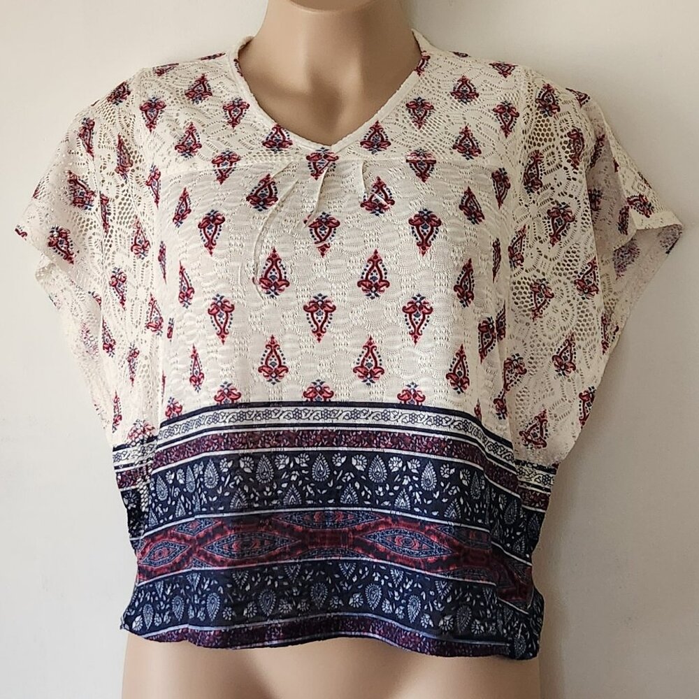 Style & Co. top sz PXL white red navy paisley eyelet GUC